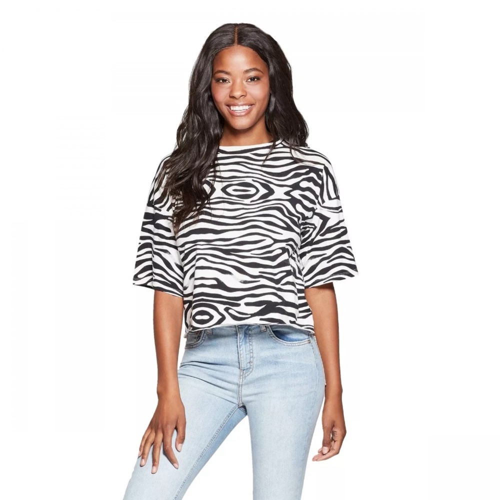 New NWT Grayson Threads Zebra Print Crop Top Small Distressed raw hem